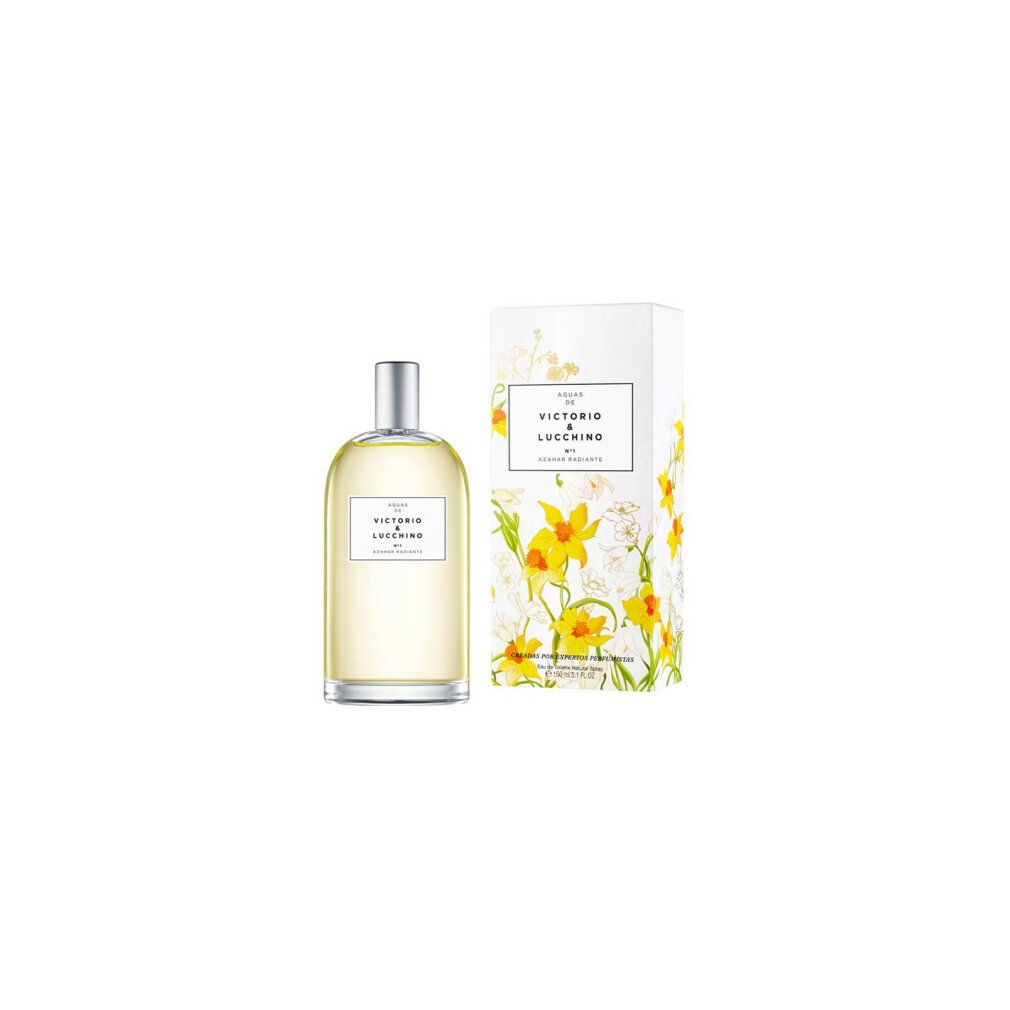 Flacone e scatola con design floreale. L'etichetta riporta "Aguas de Victorio & Lucchino".