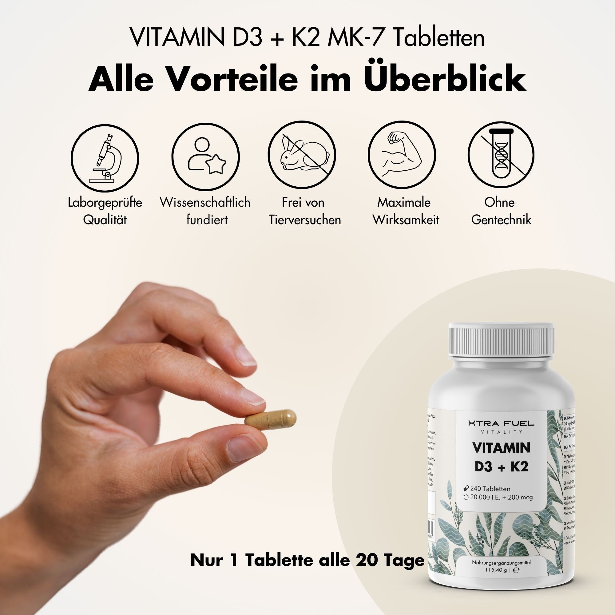 XTRA FUEL | Vitamina D3 + K2 - Compresse con 20.000 UI + 200 mcg MK-7