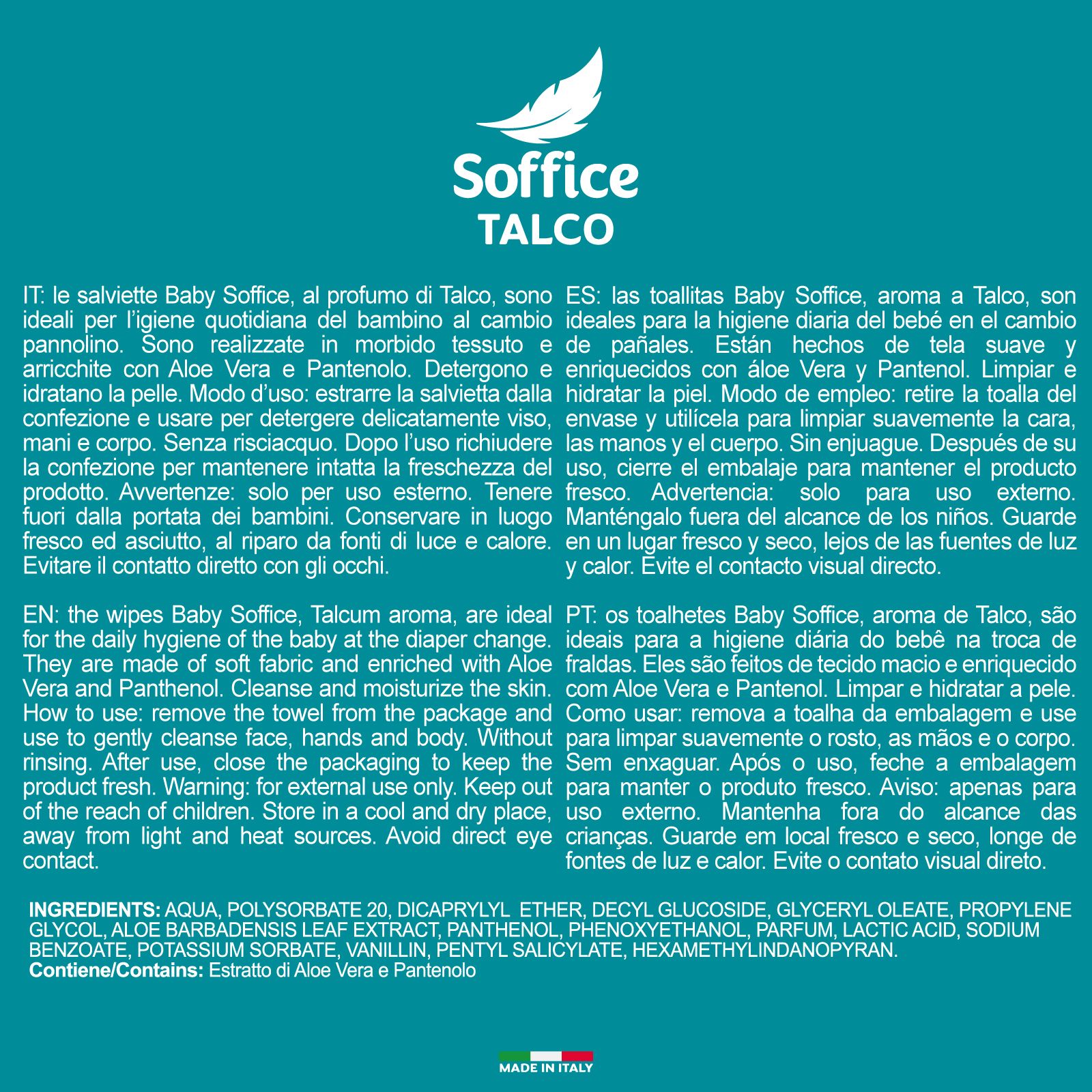 Testo su sfondo bianco. Informazioni sulle salviette umidificate per bambini. Ingredienti, istruzioni per l'uso, avvertenze. Prodotto in Italia.