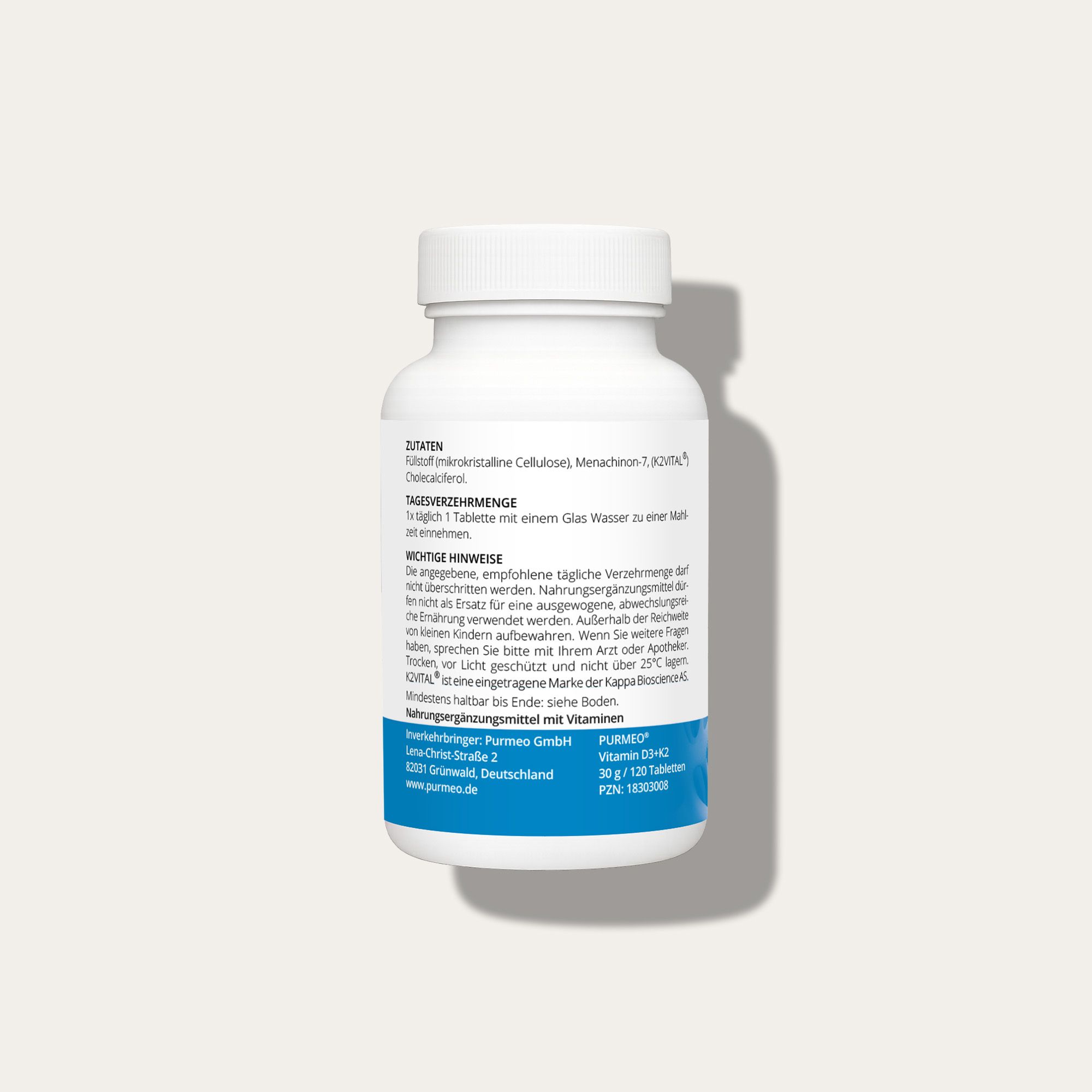 Flacone bianco con etichetta blu. Contiene informazioni sugli ingredienti e l'uso. Prodotto in Germania.