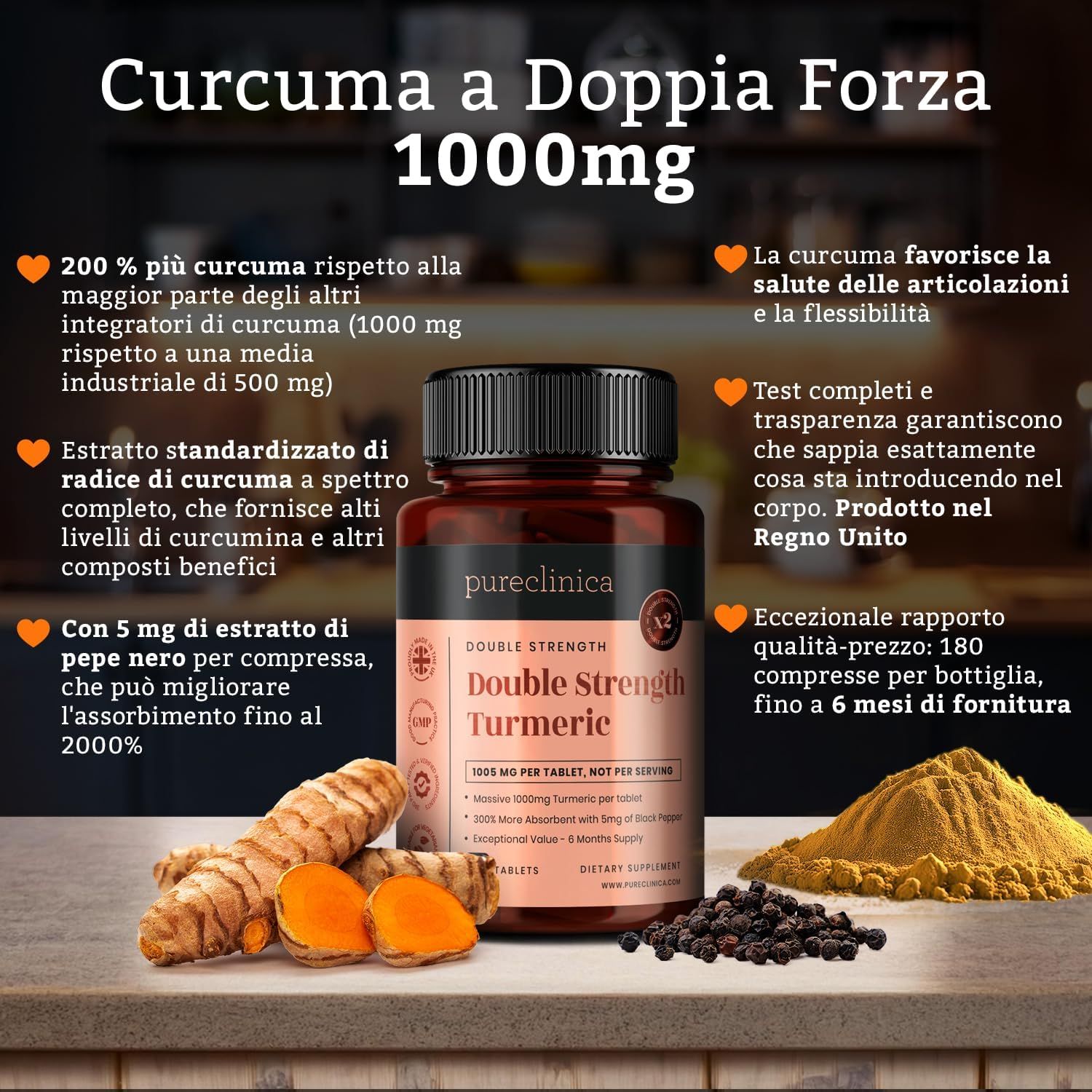 Flacone di compresse marrone con curcuma, grani di pepe e polvere. Testo: Curcuma a Doppia Forza 1000mg.