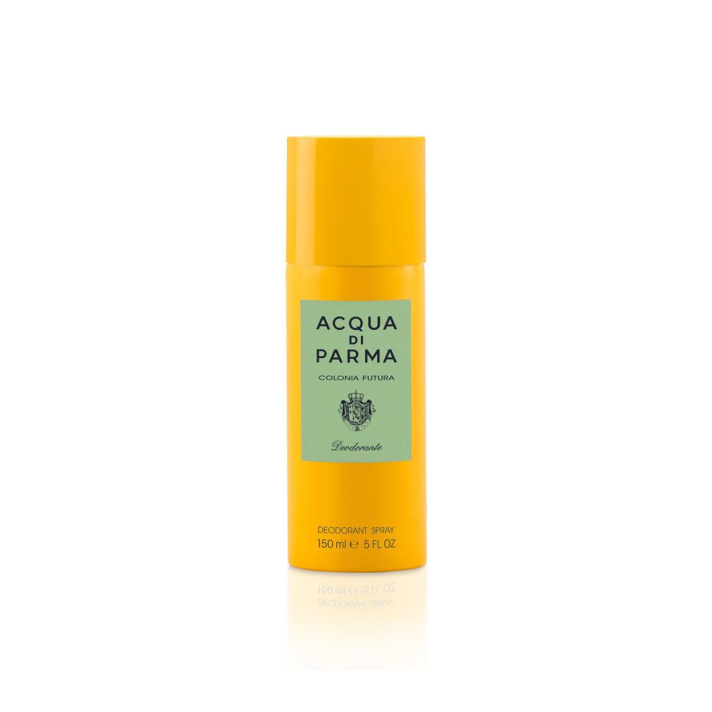 Bomboletta spray deodorante gialla. Scritta: Acqua di Parma Colonia Futura. Testo: Deodorante, 150 ml, 5 FL OZ.