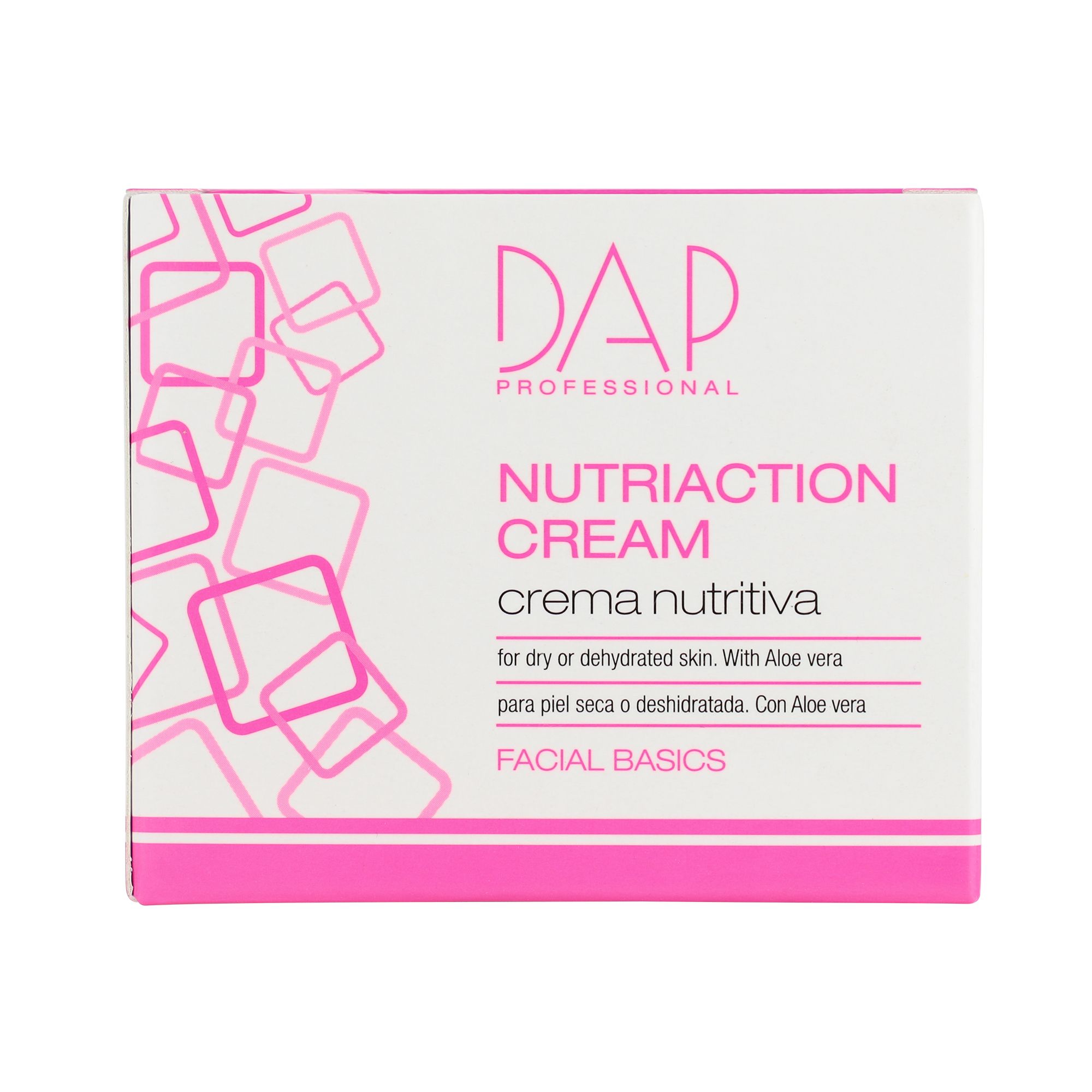 Confezione DAP Professional Nutriaction Cream. Scatola bianca con motivi geometrici rosa.