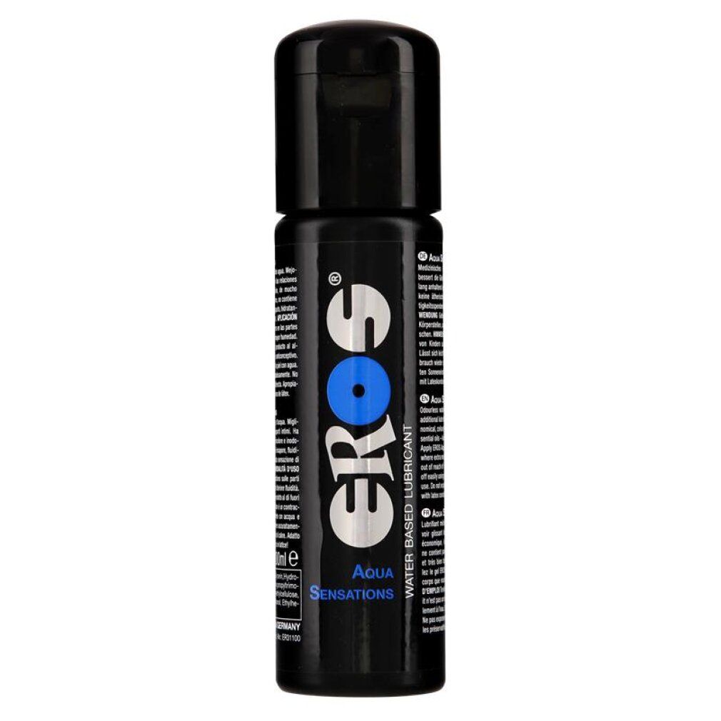 Lubrificante EROS Aqua Sensations in flacone nero con tappo a scatto.