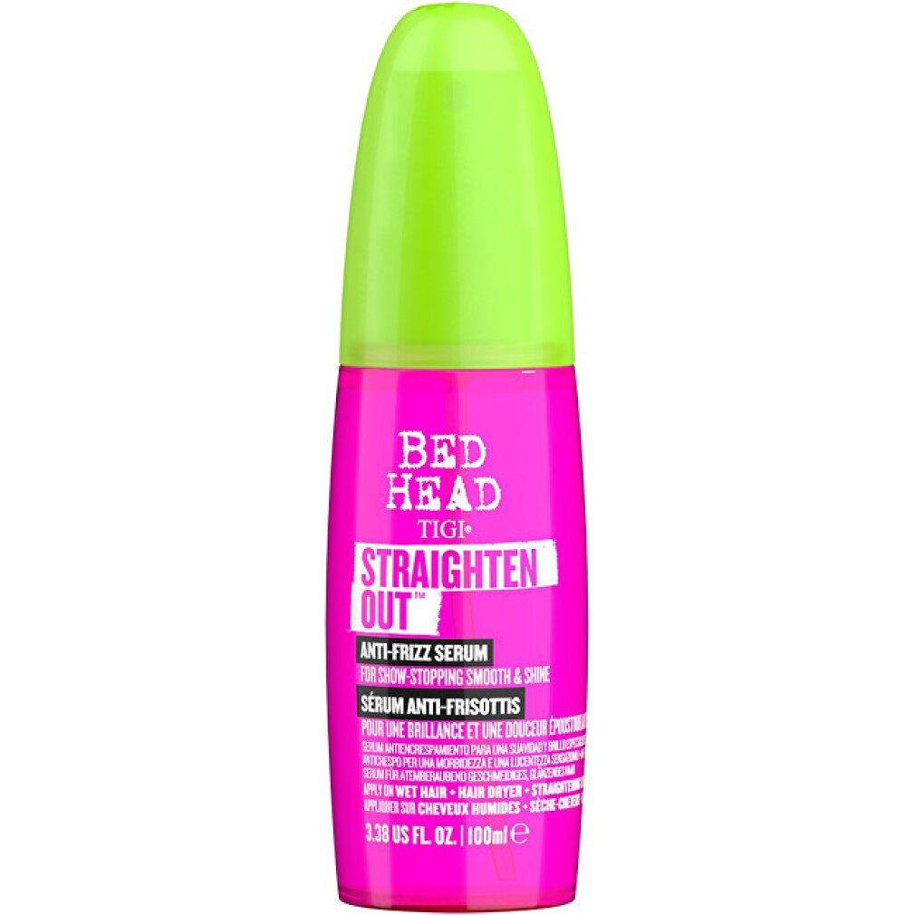 Flacone rosa con tappo verde. Scritta: Tigi Bed Head Straighten Out Anti-Frizz Serum. Con erogatore a pompa.