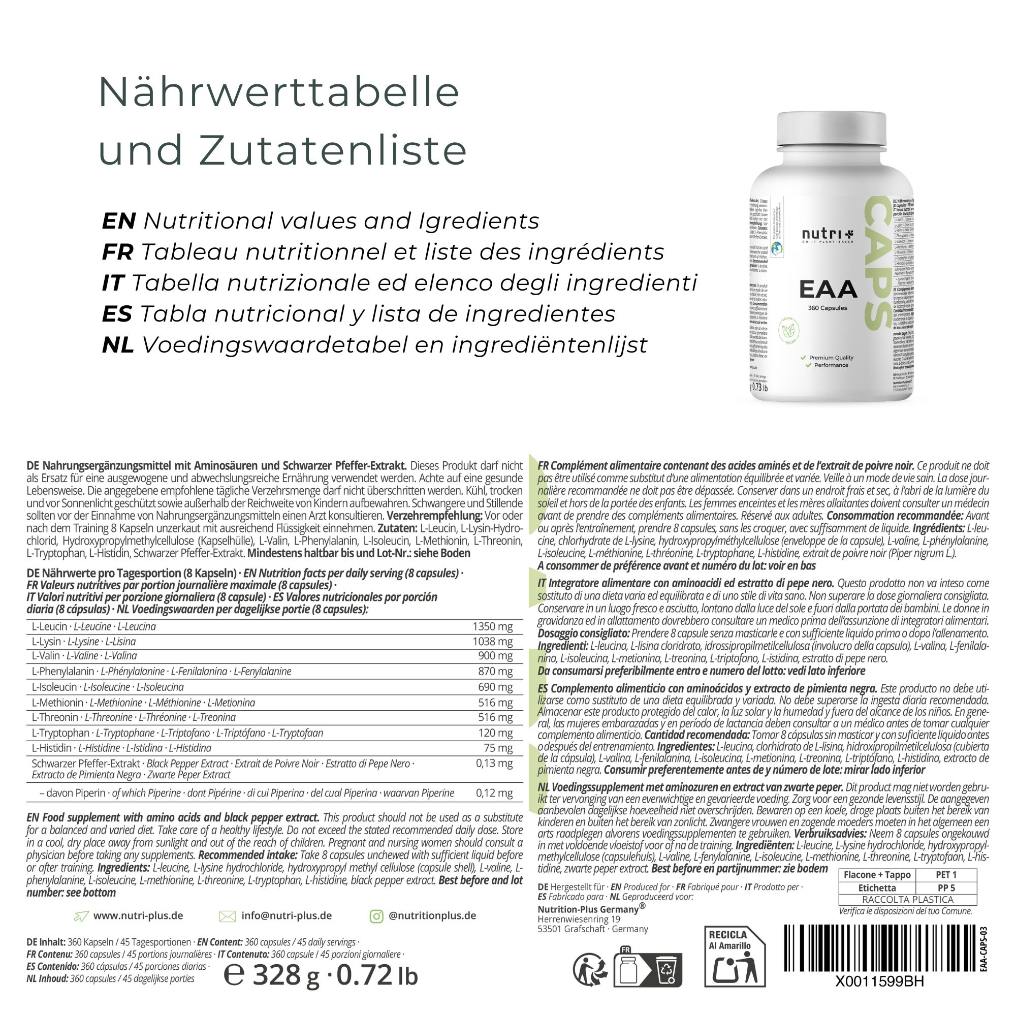 Grafica con flacone e testo. Testo: Tabella nutrizionale e lista ingredienti, EN, FR, IT, NL. Contiene informazioni.