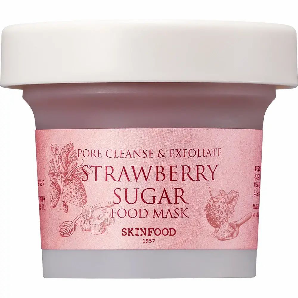 Vasetto con coperchio bianco. Scritta: Strawberry Sugar Food Mask. Marchio: SKINFOOD.