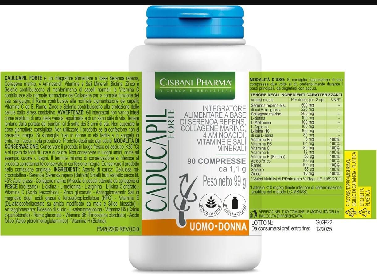 Primo piano del flacone di compresse con informazioni sul prodotto. Testo: Caducapil Forte, 90 compresse, Uomo-Donna. Ingredienti.