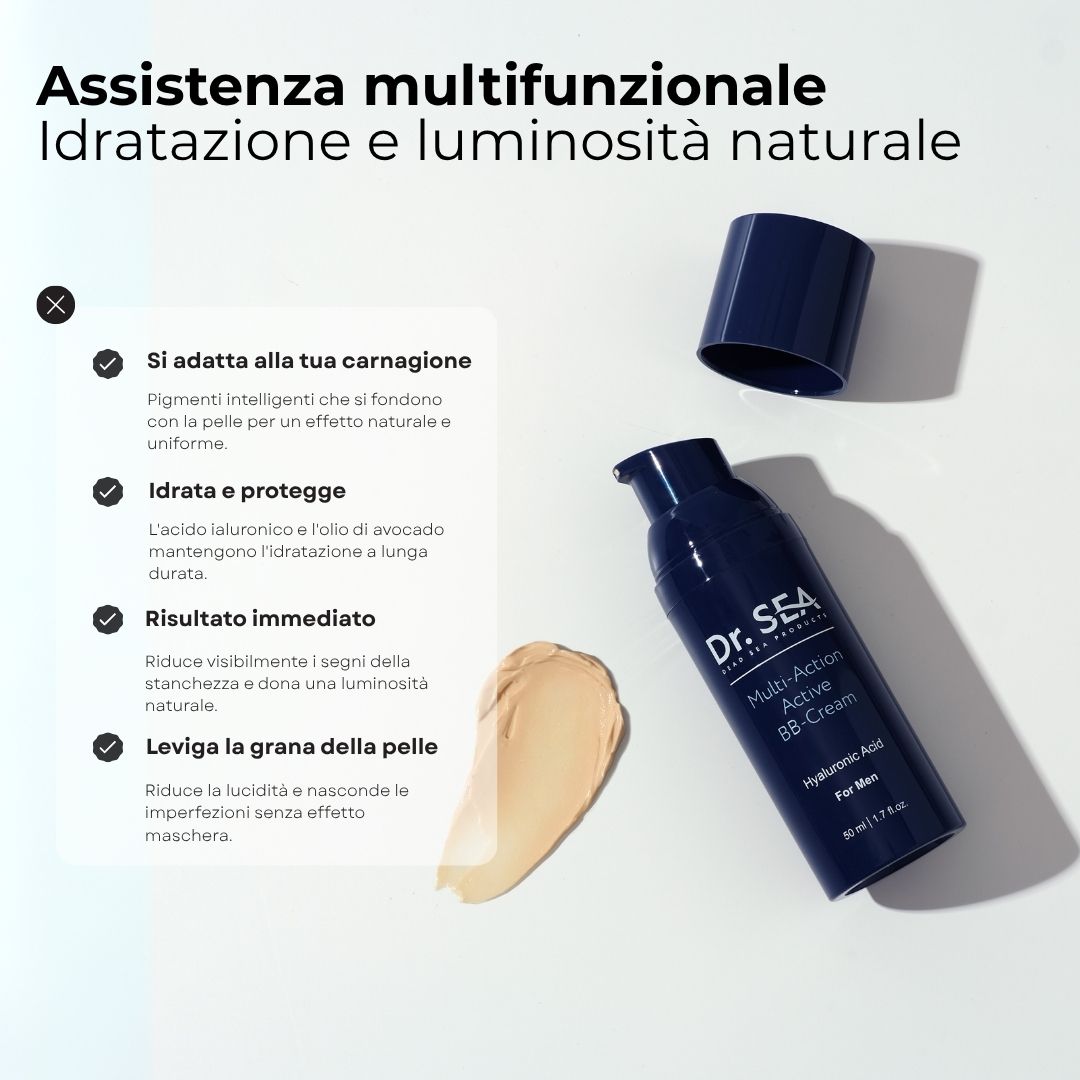 Flacone di BB-Cream, tappo accanto, testo e caratteristiche del prodotto. Campione di crema.