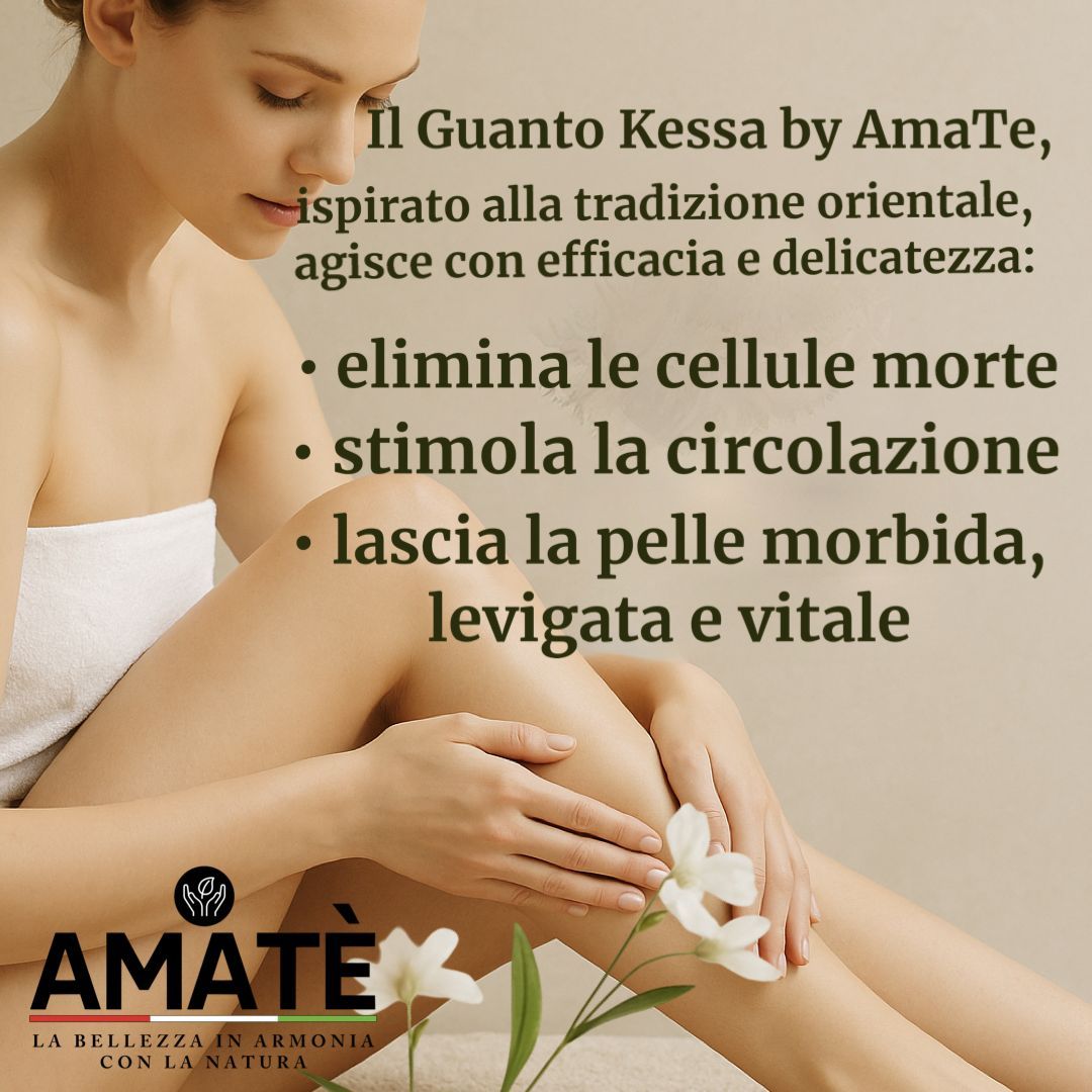 Testo e immagine di una donna che utilizza un guanto Kessa bianco. Testo: "Il Guanto Kessa by Amatè..."