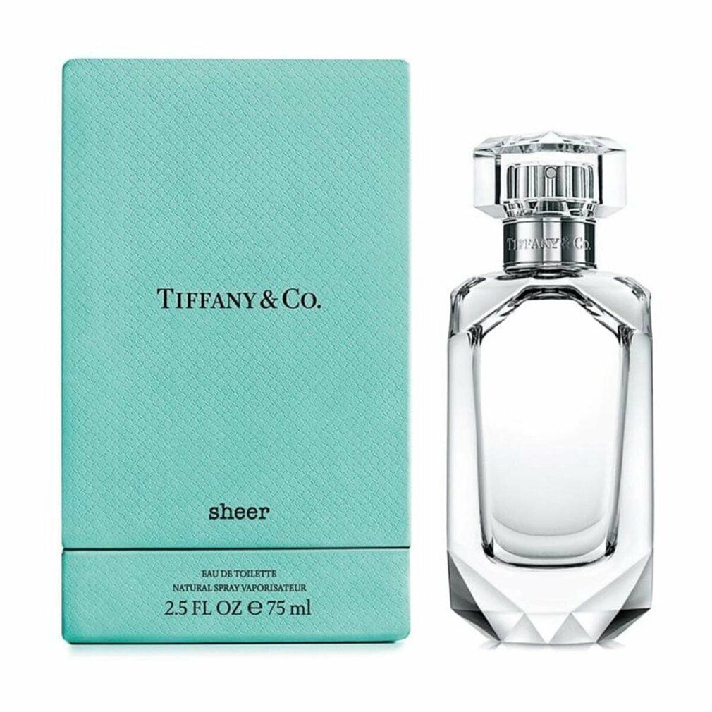 Scatola turchese e flacone di profumo. "Tiffany & Co." e "sheer" sulla scatola. Flacone con tappo argentato.