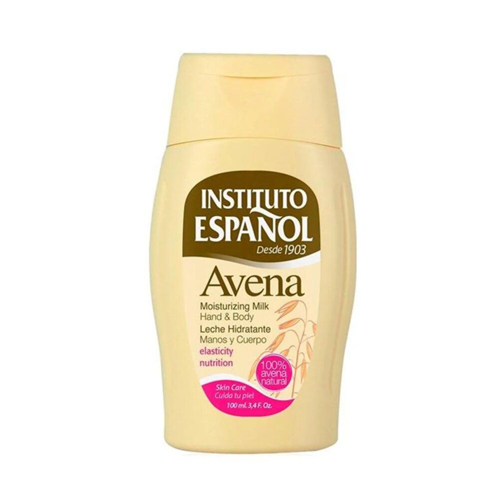 Flacone beige Instituto Español Avena. Scritta: Avena, Hand & Body, Leche Hidratante. 100% Avena natural.