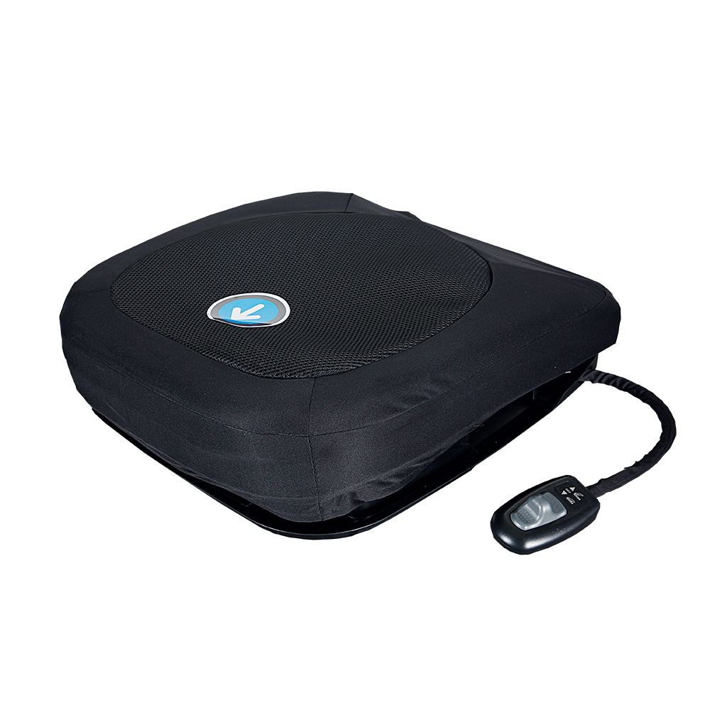 Dispositivo elettrico nero per l'assistenza al sollevamento con logo blu e telecomando. Forma quadrata.