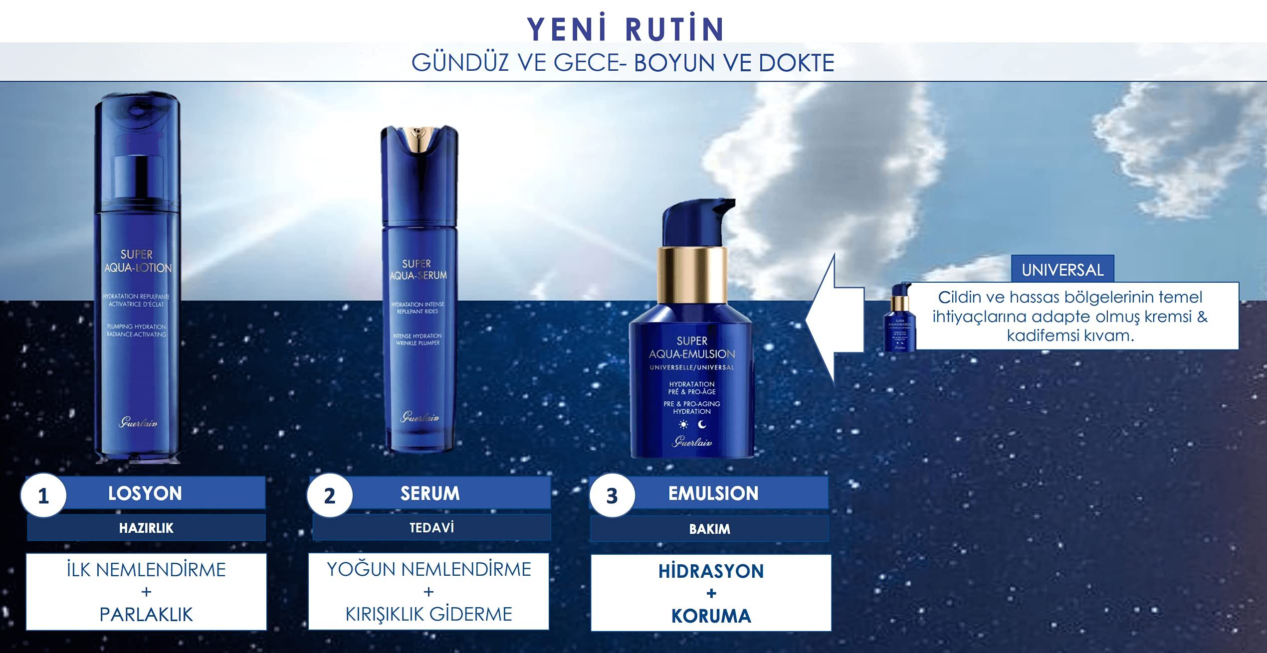 Pubblicità con immagini dei prodotti. Testo in turco: YENI RUTIN, GÜNDÜZ VE GECE. Immagini dei prodotti in serie.