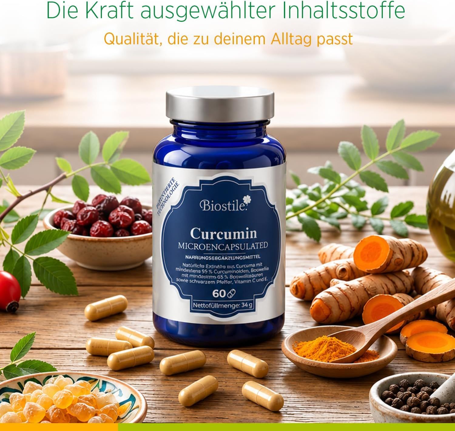 Capsula Biostile Curcumin con curcuma e bacche.