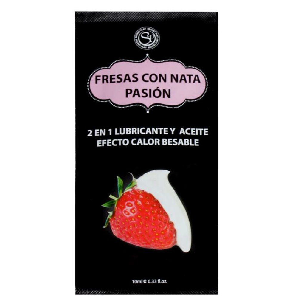Confezione singola nera con fragola e panna. Testo: Fresas con Nata Pasión, 2 en 1 Lubricante y Aceite, Efecto Calor Besable. 10ml.