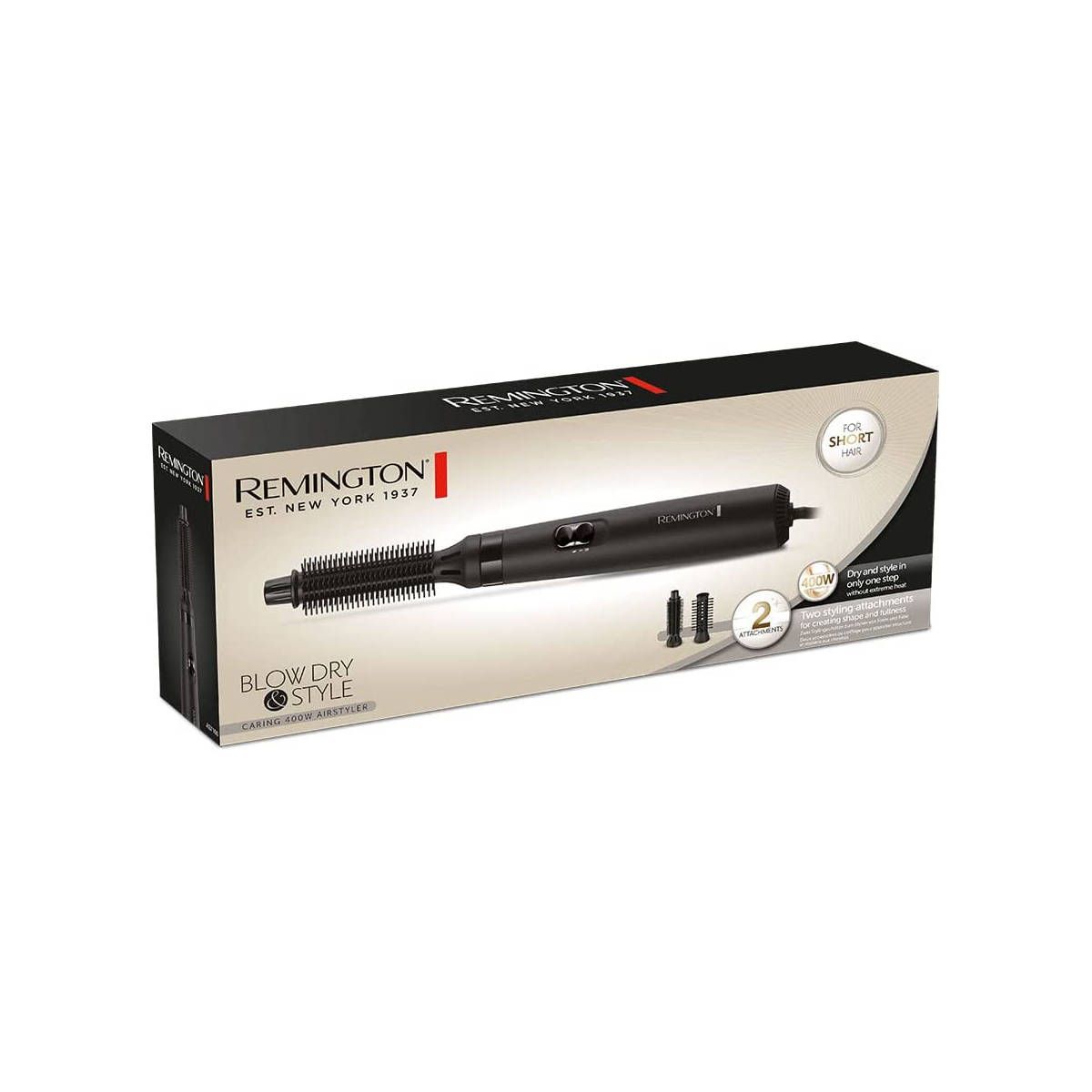 Confezione del prodotto con asciugacapelli e accessori. Sulla confezione c'è scritto Remington. Il prodotto è per capelli corti.