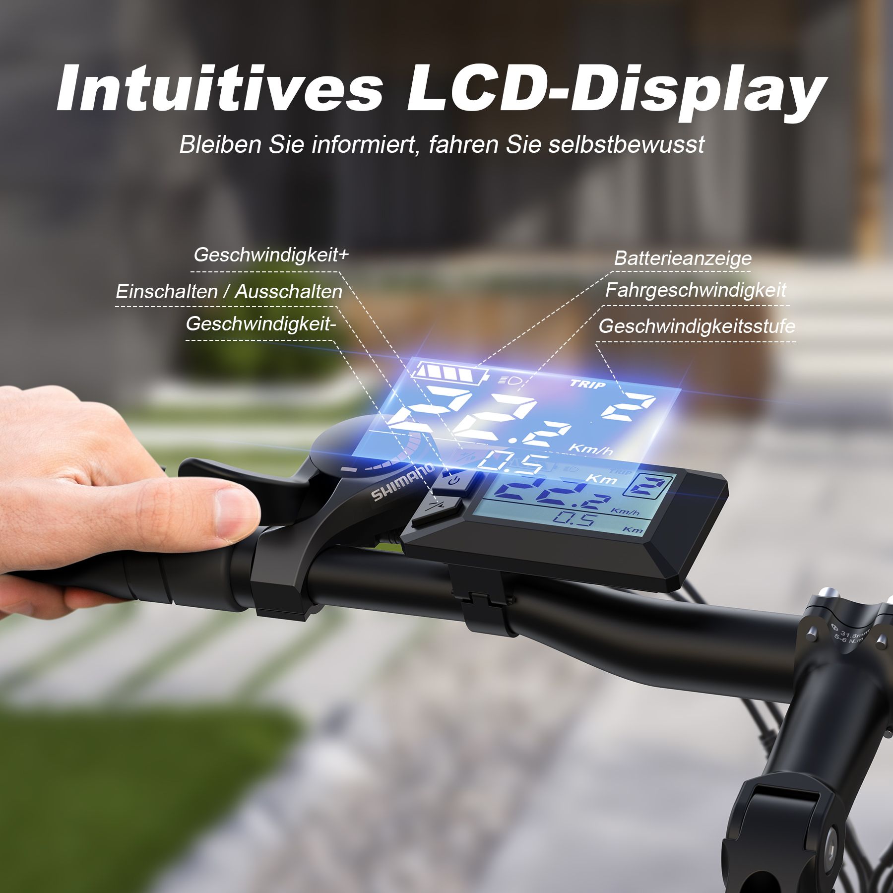 Display LCD con indicazione della velocità, stato della batteria e altre informazioni. Manubrio nero.