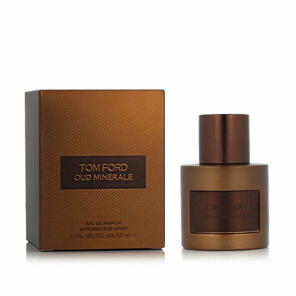 Eau de Parfum Tom Ford Oud Minérale. Flacone e confezione oro e marrone. Scritta Oud Minérale.