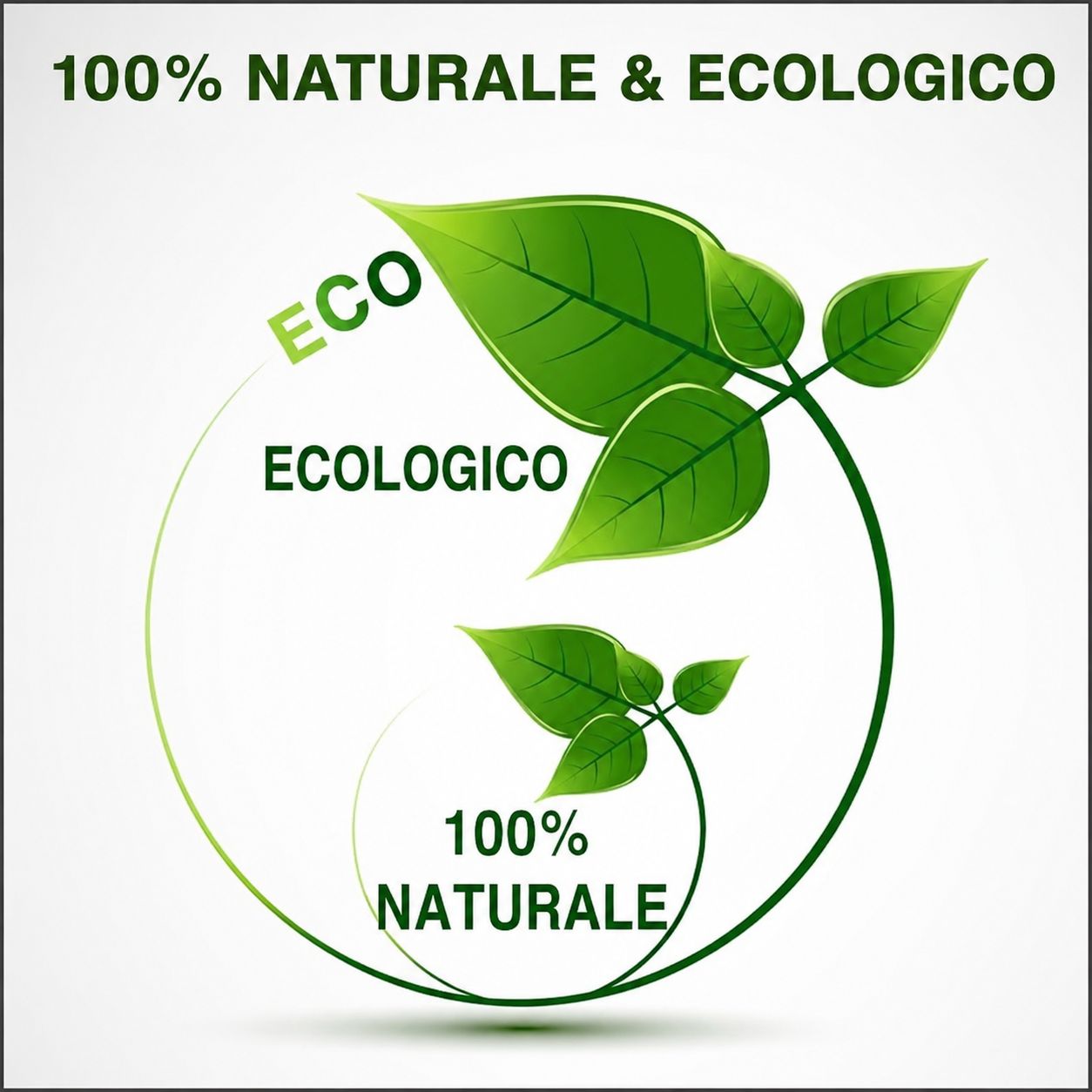 Logo foglie con testo: 100% NATURALE & ECOLOGICO, ECO, ECOLOGICO, 100% NATURALE.