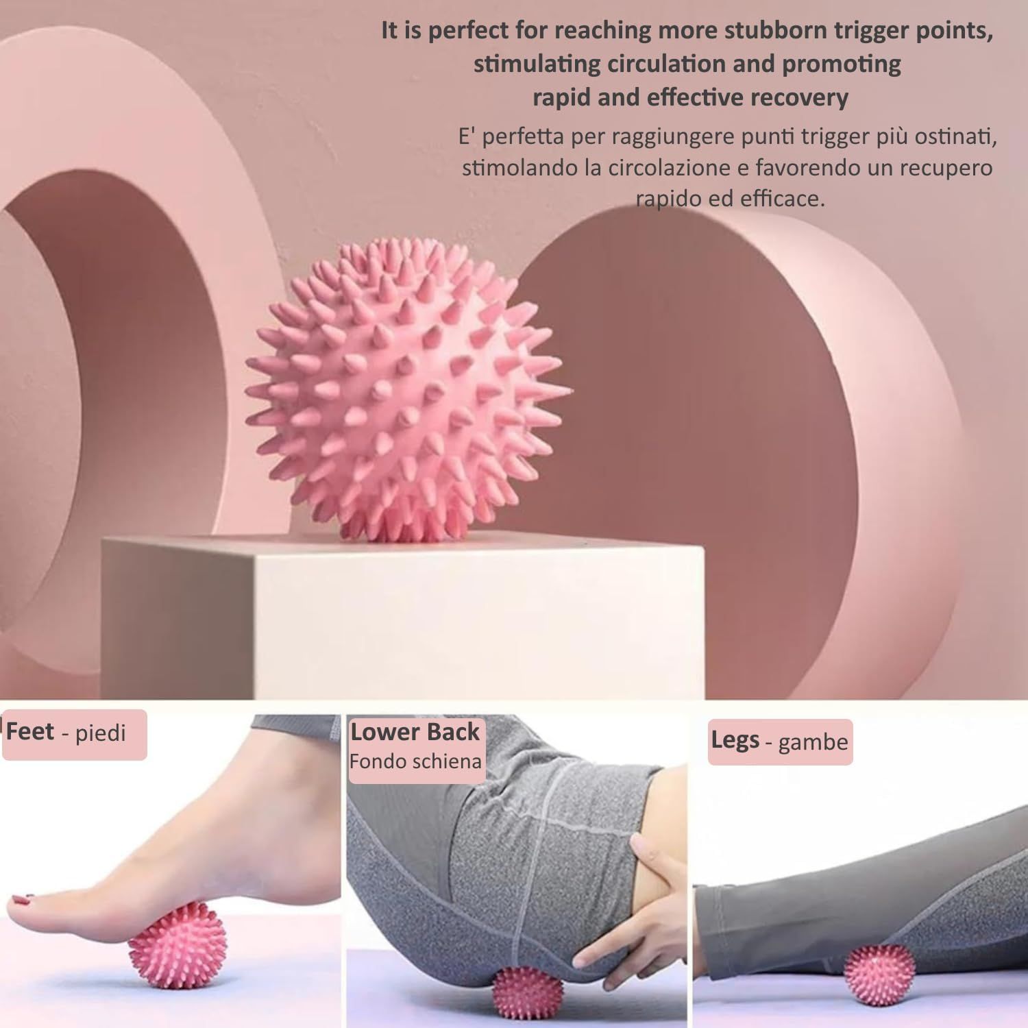 Palla da massaggio rosa con nodi. Utilizzo su piedi, zona lombare e gambe. Testo: applicazione.
