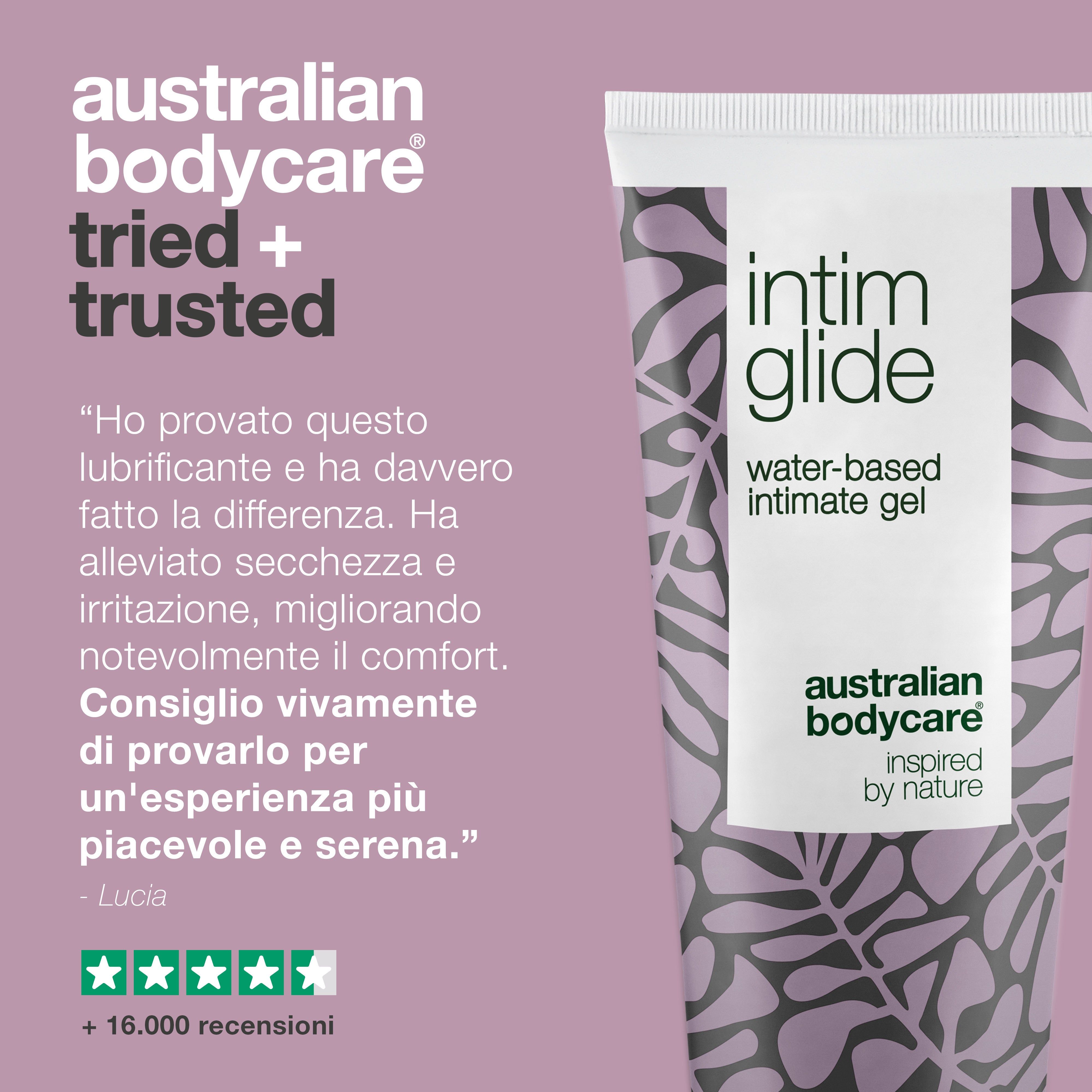 Grafica: Australian Bodycare. Tubo di gel intimo. Testo a base d'acqua.