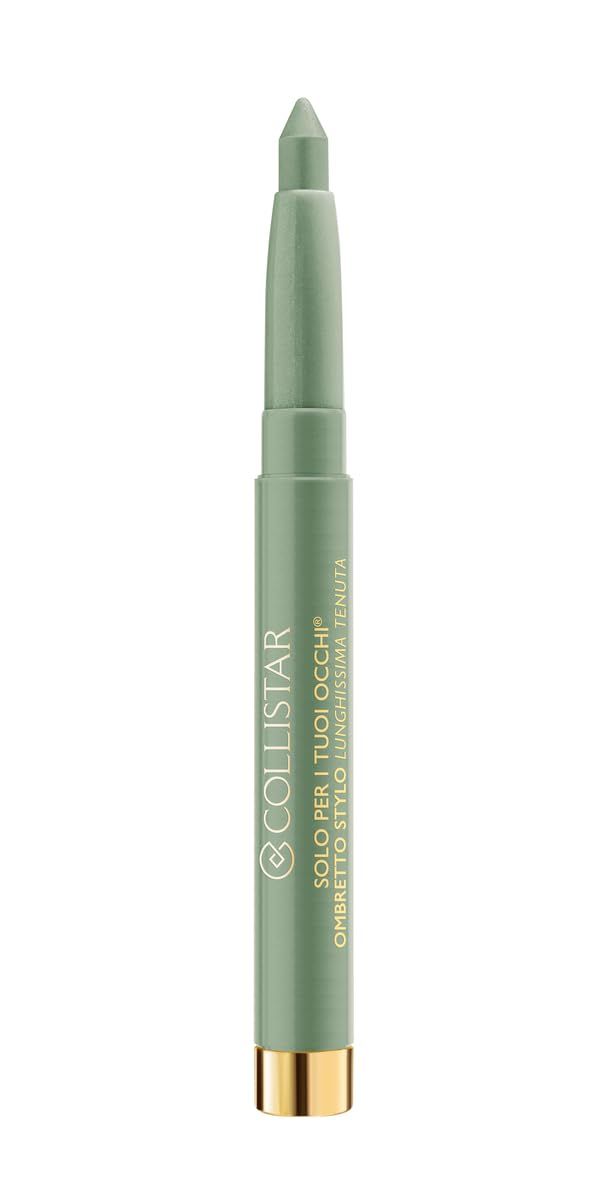 Ombretto Stylo verde con punta aperta. Base dorata. Testo: COLLISTAR, SOLO PER I TUOI OCCHI, OMBRETTO STYLO, LUNGHISSIMA TENUTA.