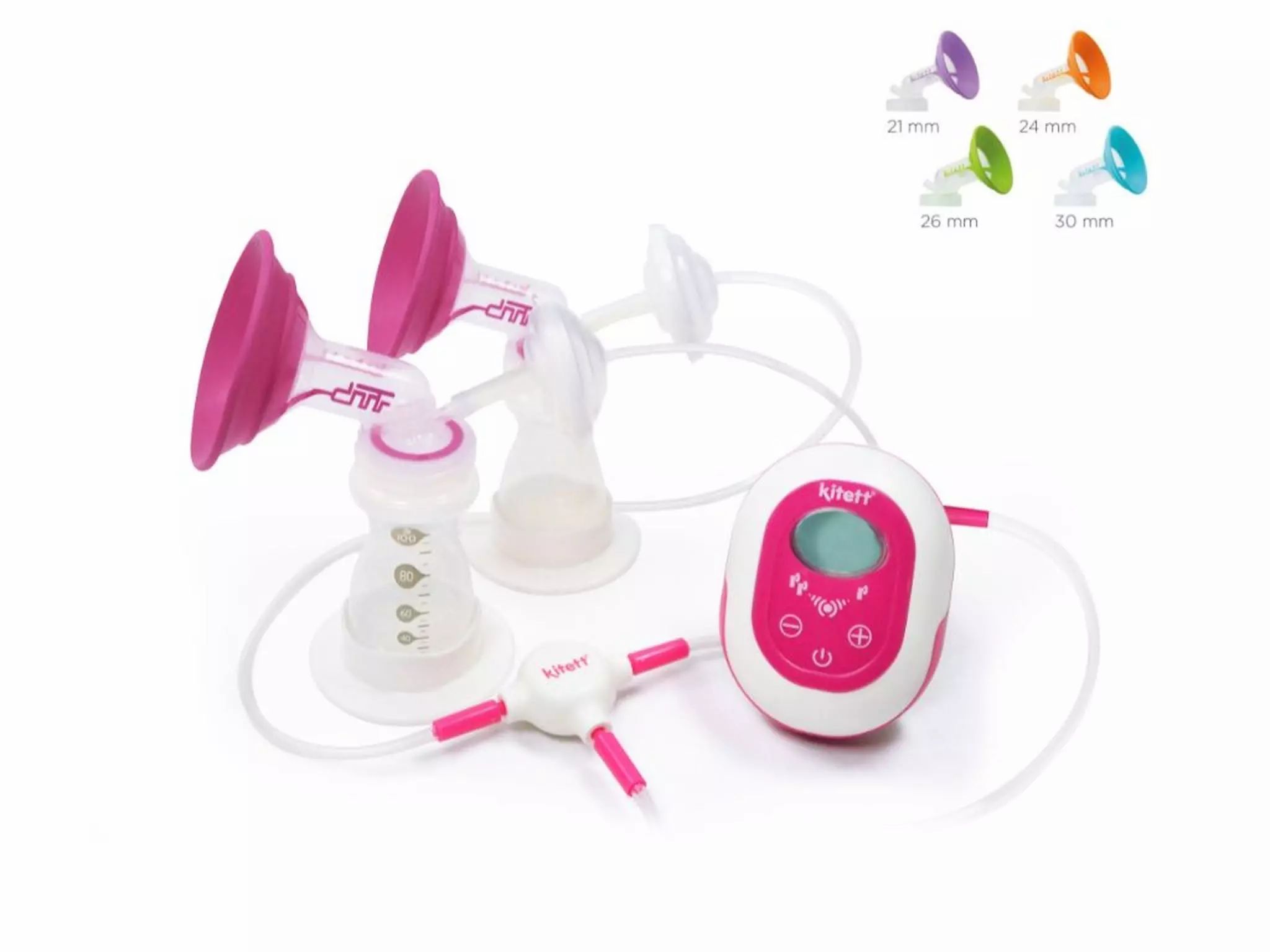 Tiralatte portatile con due coppette, biberon e unità di controllo. Elementi rosa e bianchi. Coppette aggiuntive.