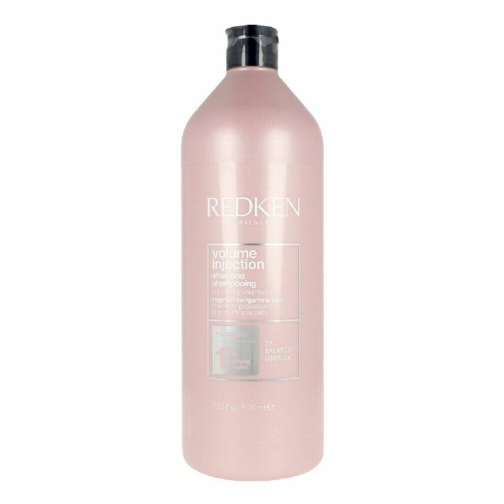 Flacone di shampoo rosa con tappo nero. Scritta: REDKEN, Volume Injection Shampoo. 1000 ml.