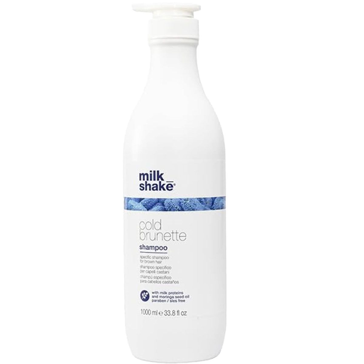 Flacone bianco con pompa milk_shake Cold Brunette Shampoo per capelli castani. Contiene 1000 ml.