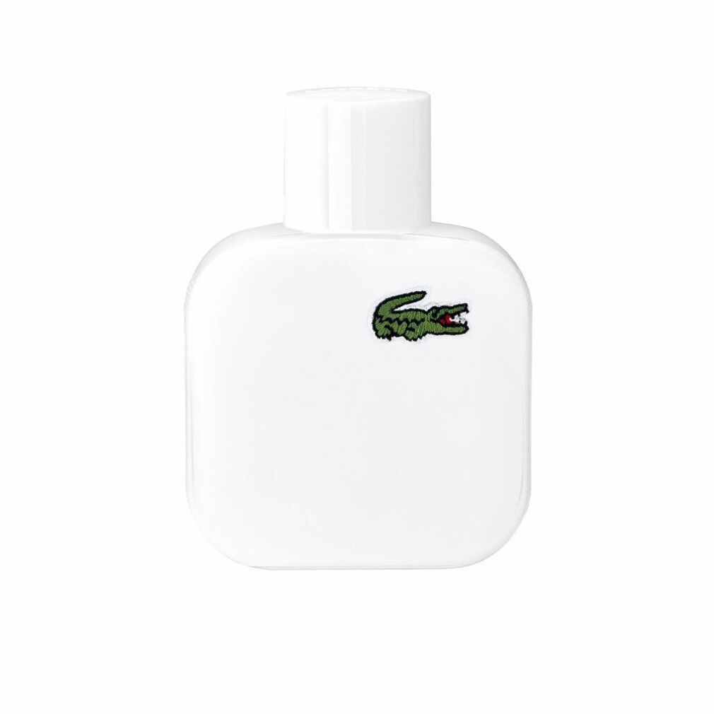 Flacone bianco con tappo bianco e logo coccodrillo Lacoste. Forma quadrata con angoli arrotondati.