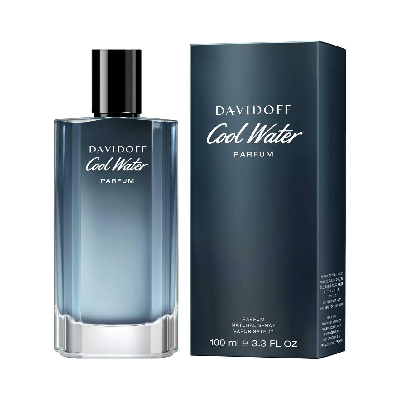 Flacone e confezione Davidoff Cool Water Parfum. Vetro blu, tappo nero. Confezione blu. Scritta: Davidoff Cool Water Parfum.