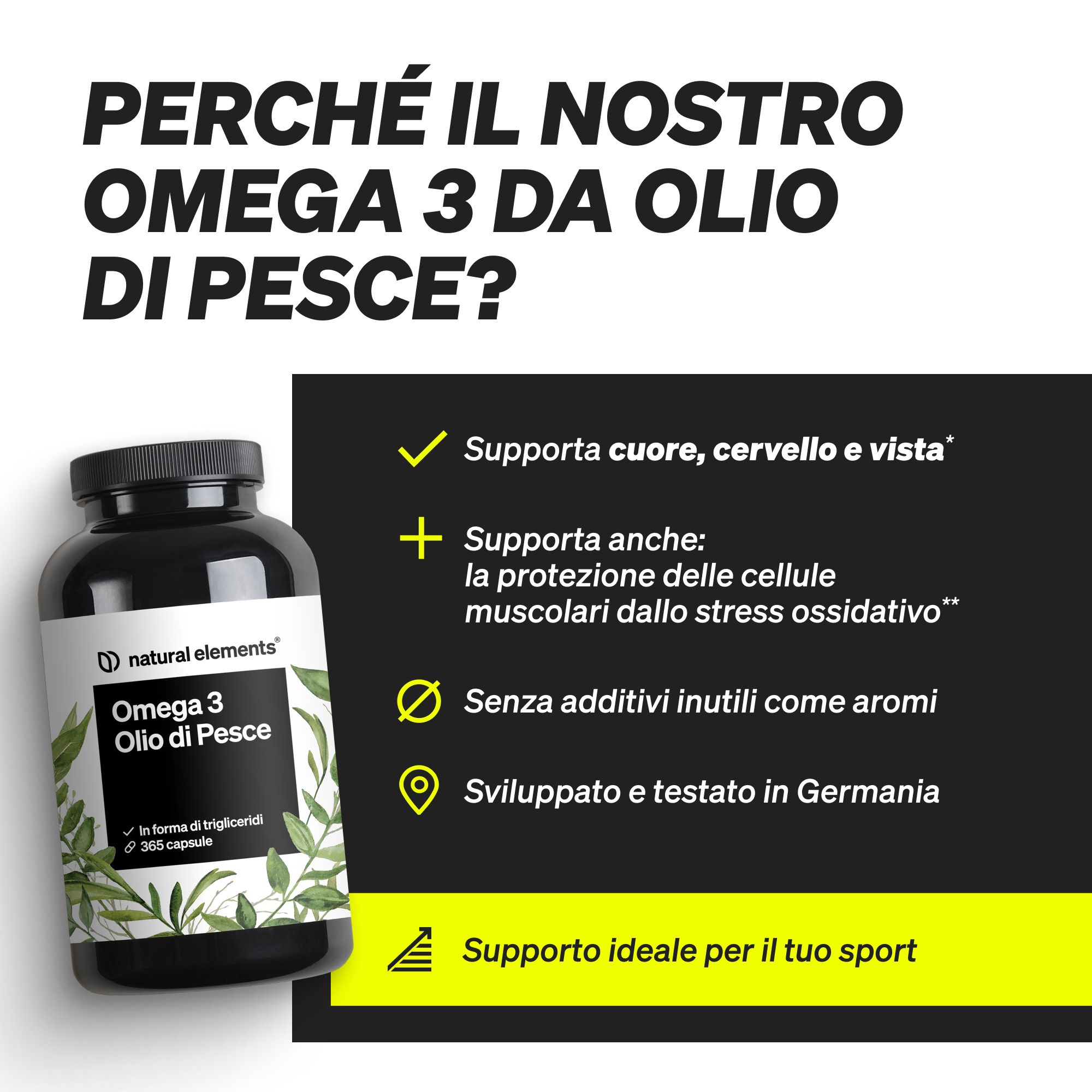 Elenco dei vantaggi dei prodotti Natural Elements.