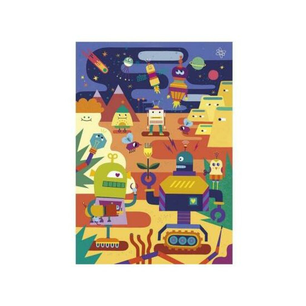 Illustrazione di puzzle con robot. Illustrazioni di robot colorati su uno sfondo di montagne e spazio. Senza confezione.
