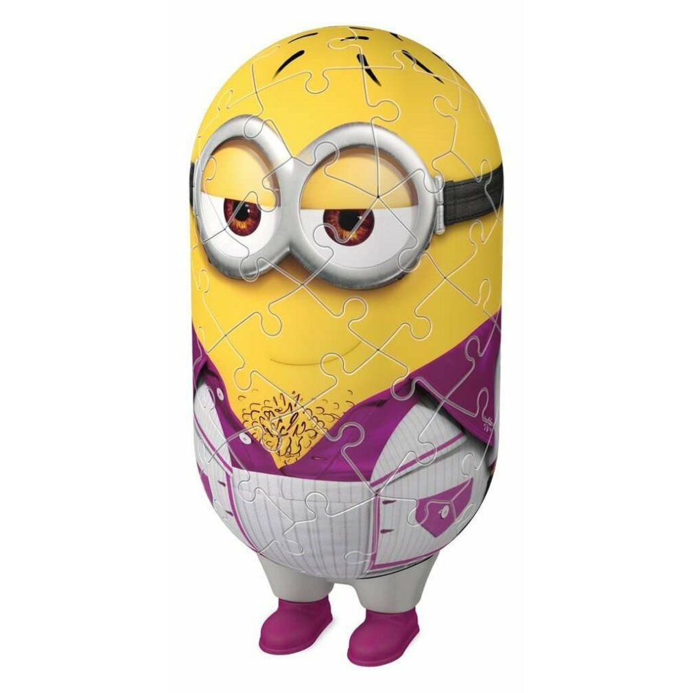 Puzzle 3D Minion assemblato. Personaggio giallo con occhiali, giacca viola e scarpe rosa. Primo piano.
