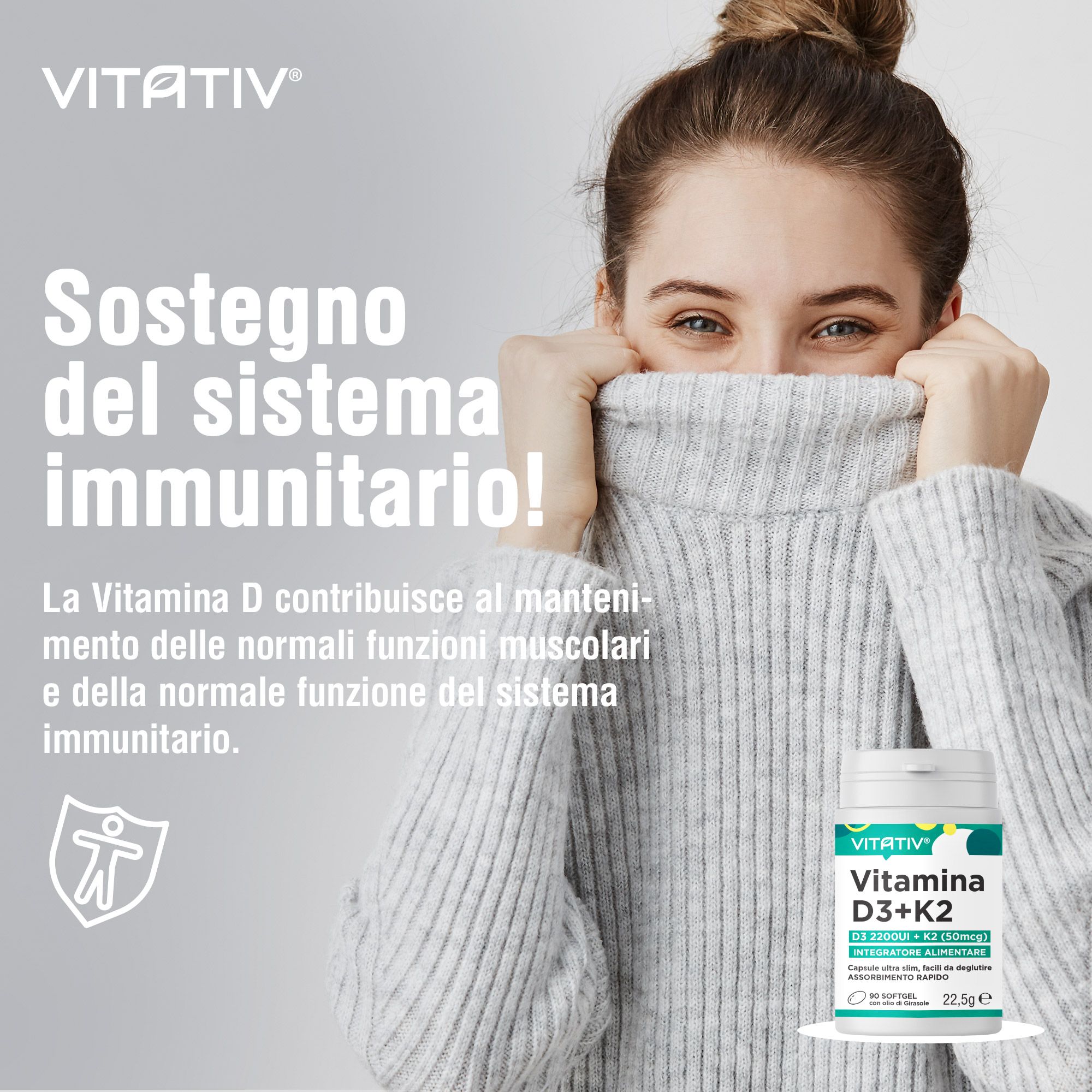 VITATIV® Vitamina D3 + K2 | 90 Mini Softgel | Supporto per Ossa e Denti normali
