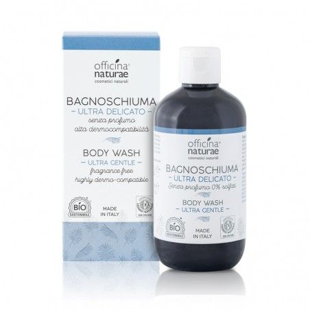 Flacone e scatola con scritta BAGNOSCHIUMA - ULTRA DELICATO. Certificazione BIO e « Made in Italy ».