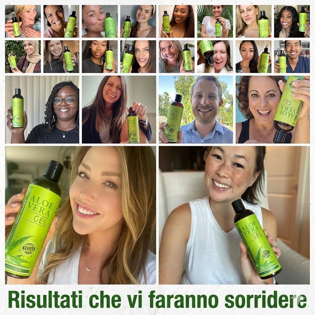 Collage di persone con flaconi di gel di aloe vera. Testo: Risultati che vi faranno sorridere. Vegano.