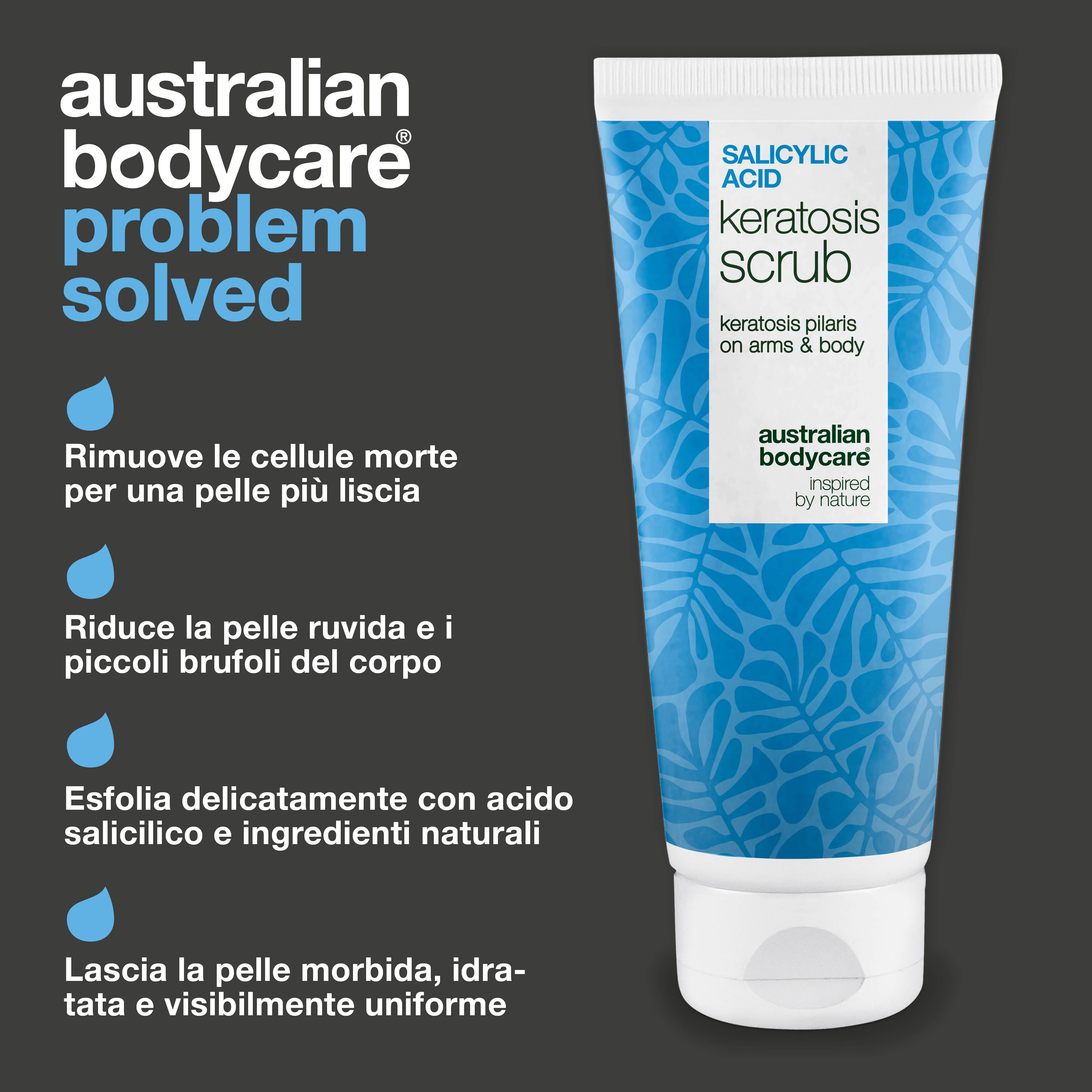 Tubo di prodotto con testo: Salicylic Acid Keratosis Scrub. Marchio: Australian Bodycare. Testo: Rimuove le cellule.