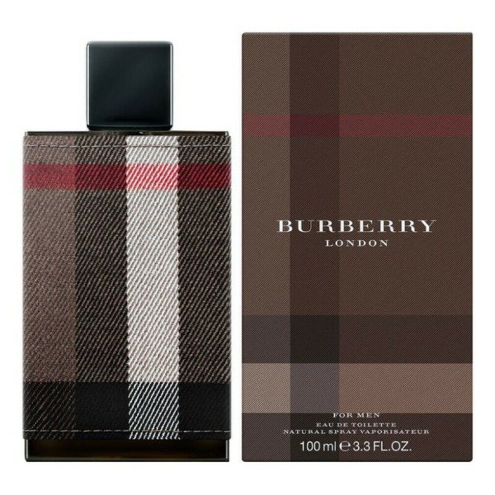 Flacone con tappo nero e confezione. Confezione con logo Burberry London e motivo a quadri. Testo: Eau de Toilette.