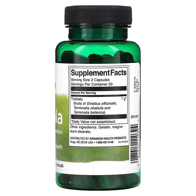 Retro di un flacone verde. Scritta: Supplement Facts. Triphala. Ingredienti: Amla, Behada, Harada. 1g per porzione. 50 porzioni.
