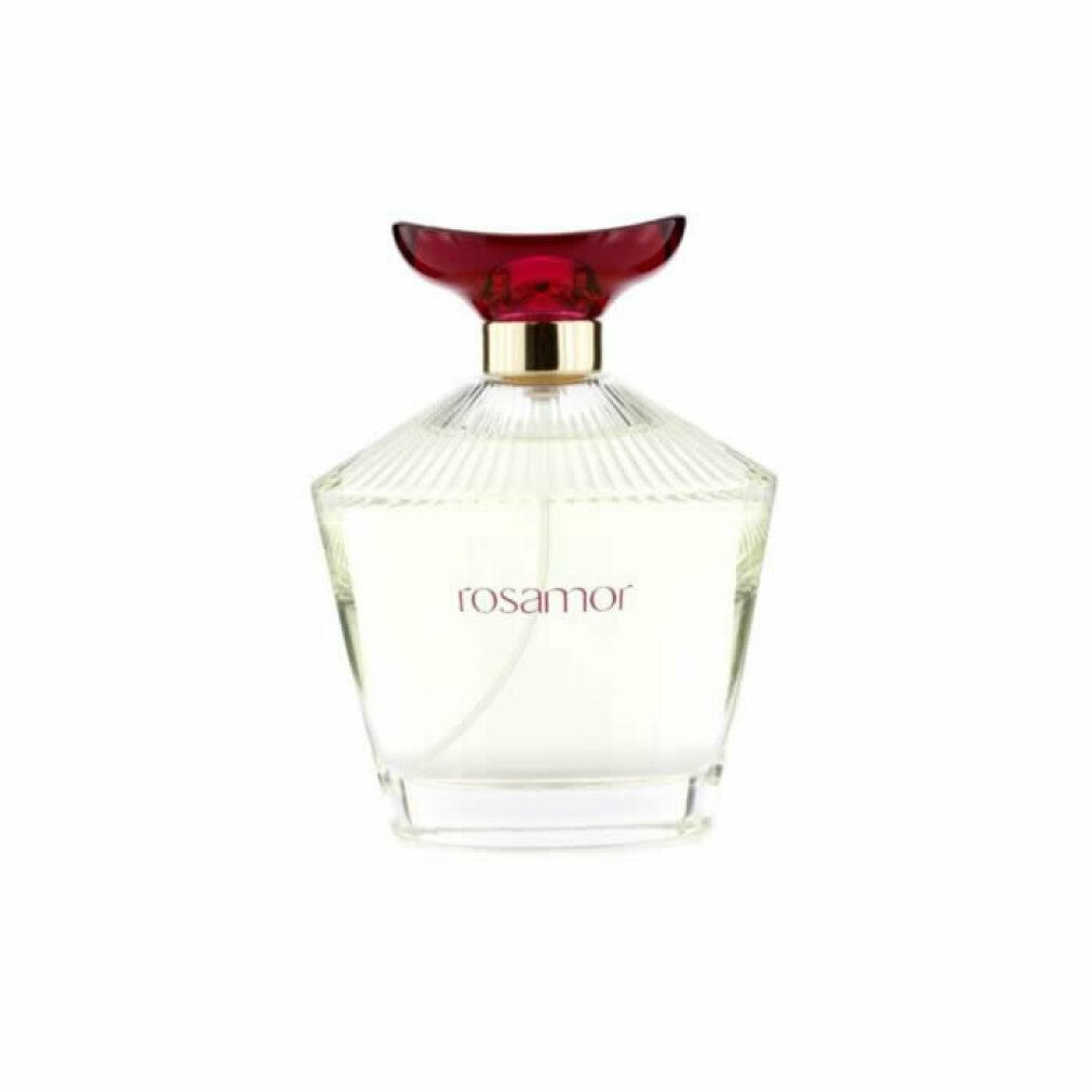 Flacone di profumo. Flacone in vetro con tappo rosso e collo dorato. Scritta "rosamor" sul flacone.