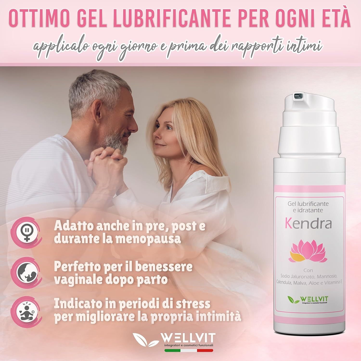 Coppia con flacone di gel Kendra. Testo: Gel lubrificante e idratante, Kendra, ingredienti. Marchio Wellvit.