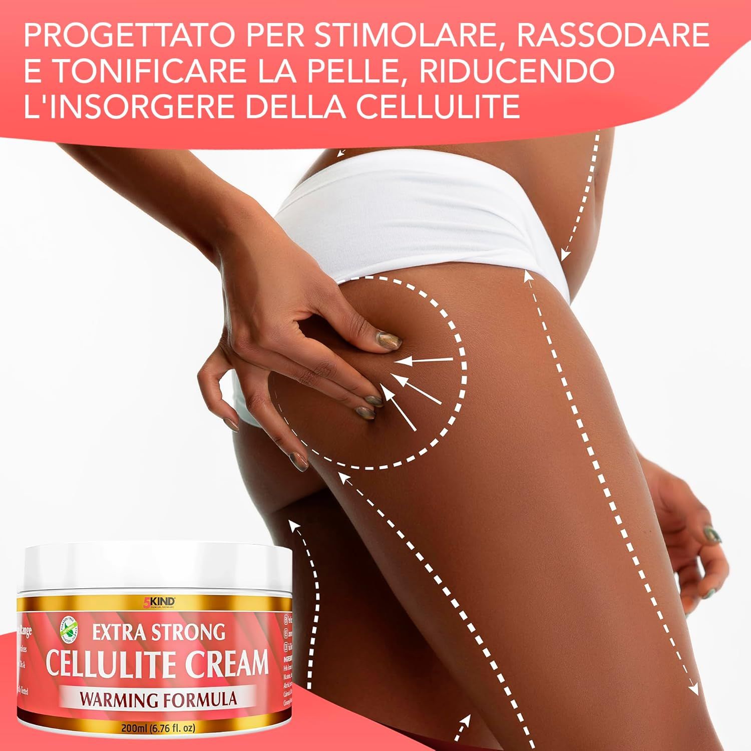 Donna in biancheria intima bianca. Vasetto con scritta: 5Kind, Extra Strong Cellulite Cream, Warming Formula.