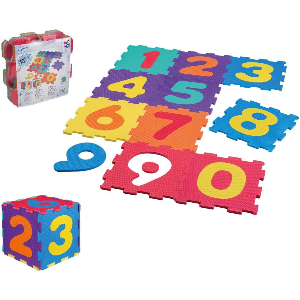 Tappetini puzzle con numeri da 0 a 9. Colori diversi. Marchio Happy People. Singoli pezzi di puzzle e un cubo di puzzle.