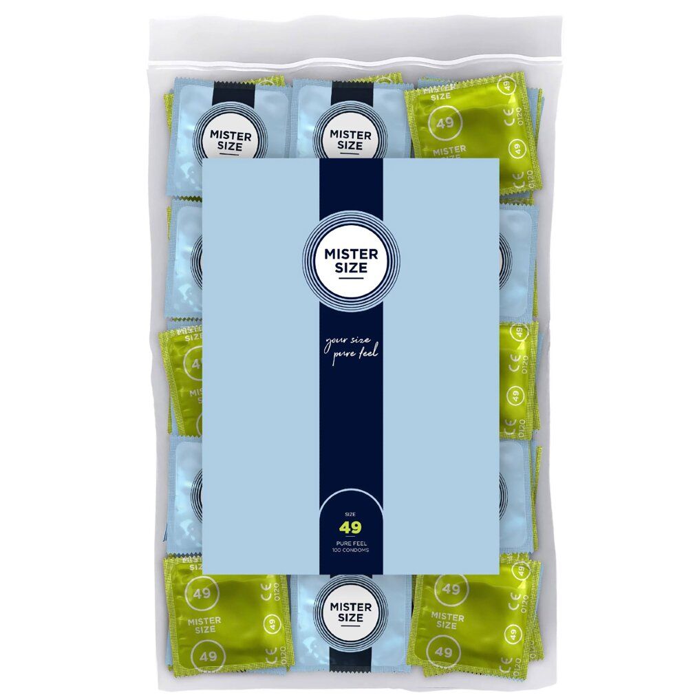 Confezione di preservativi. Confezioni singole blu e verdi. Scritta: Mister Size, 49.
