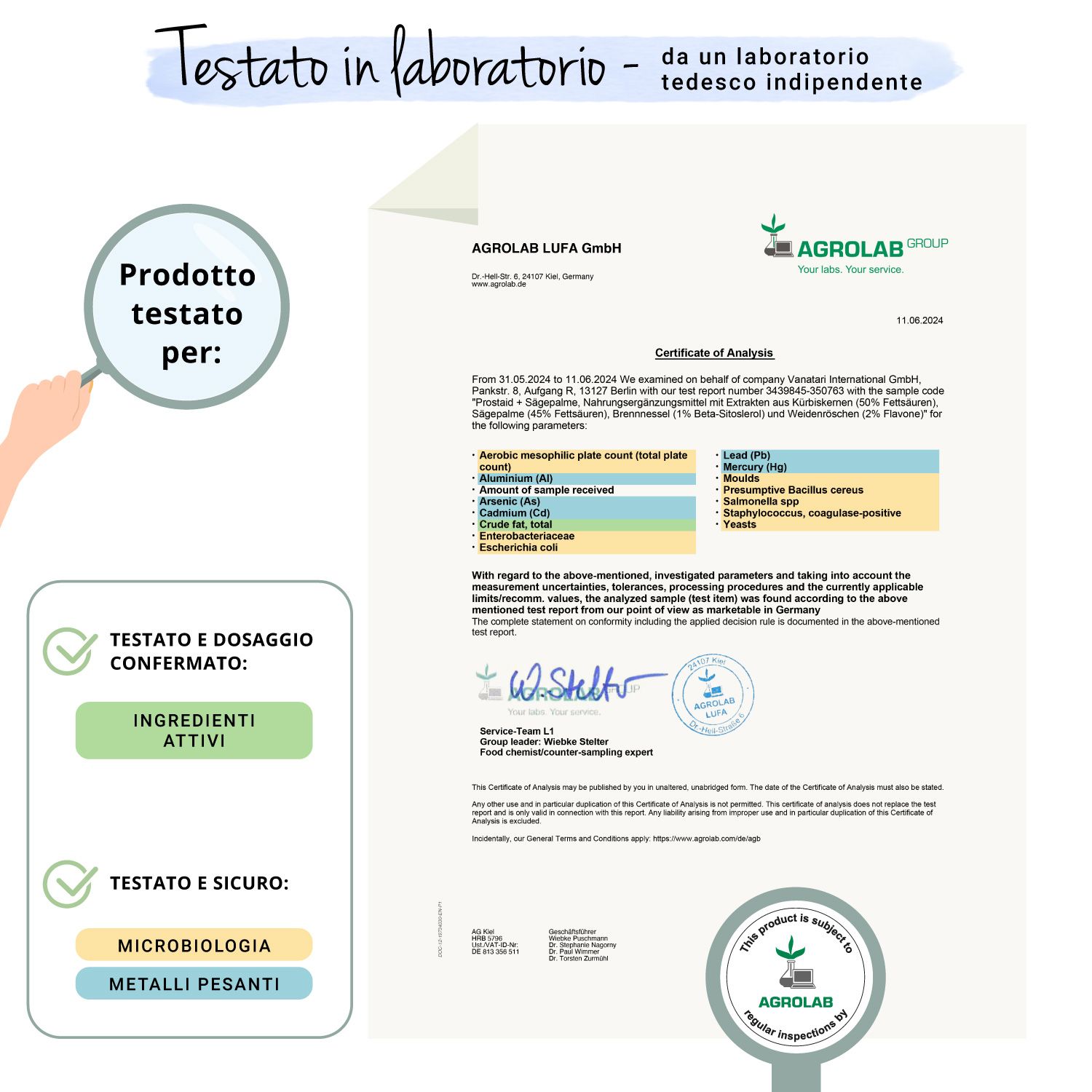 Certificato di Agrolab. Testato e confermato: Ingredienti attivi. Testato e sicuro: Microbiologia (metalli pesanti).