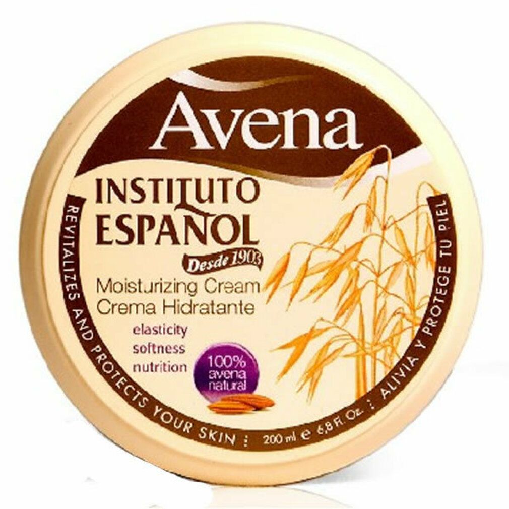 Barattolo rotondo di crema idratante Instituto Español Avena. Scritta Avena, illustrazione avena, 200ml, 100% Avena natural.