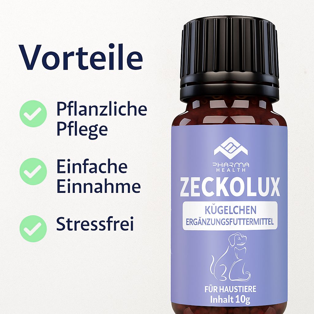 Flacone di vetro marrone con tappo nero. Etichetta "Pharma Health Zeckolux Kügelchen für Haustiere". Accanto, segni di spunta verdi.