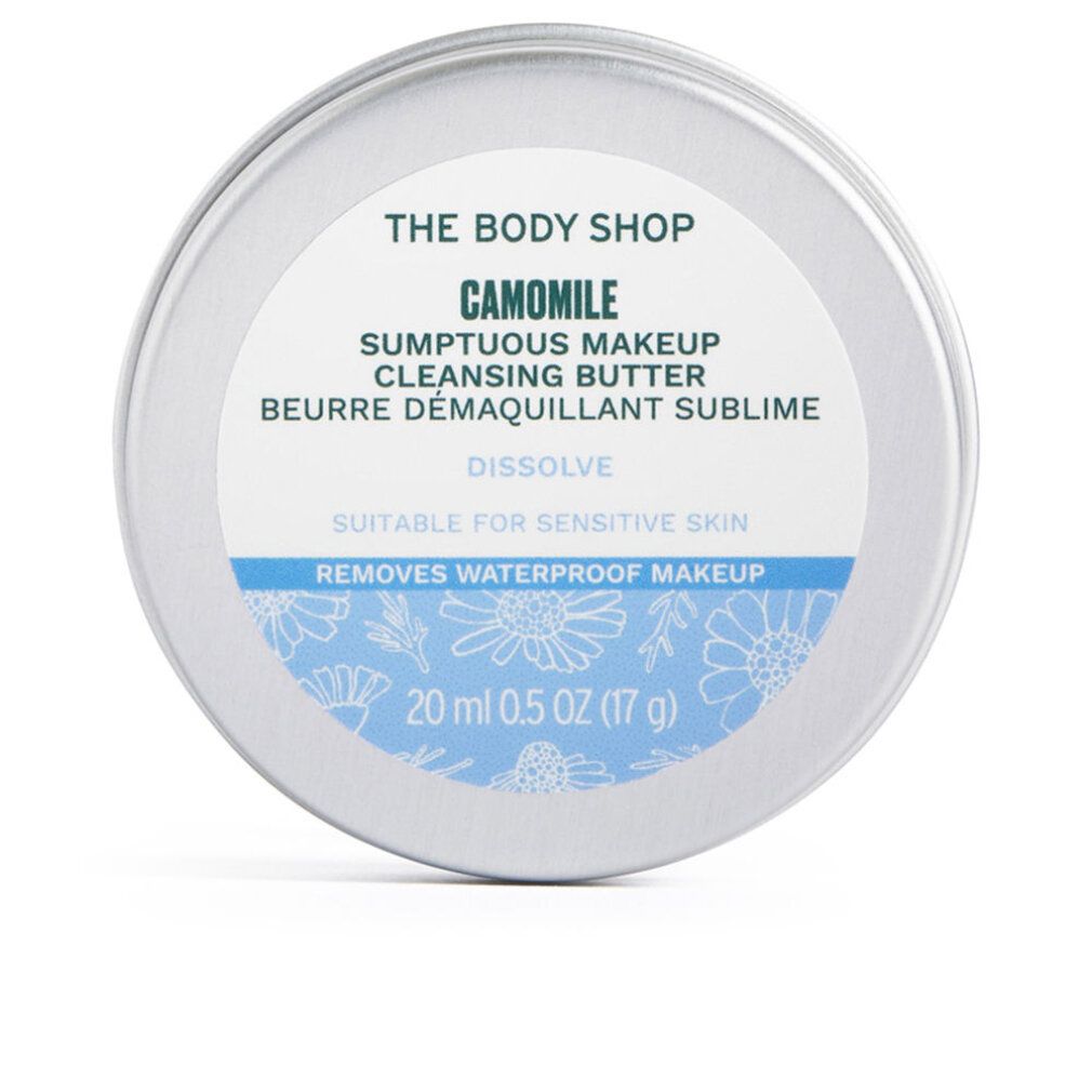Barattolo rotondo argentato con etichetta bianca. Testo: The Body Shop, Camomile, Sumptuous Makeup Cleansing Butter, Beurre Demaquillant Sublime. 20 ml.
